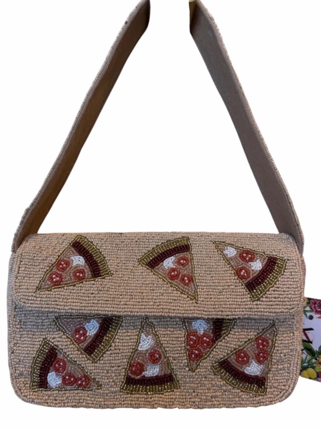 Beaded Beige Shoulder Bag With Pizza Slice Motif
